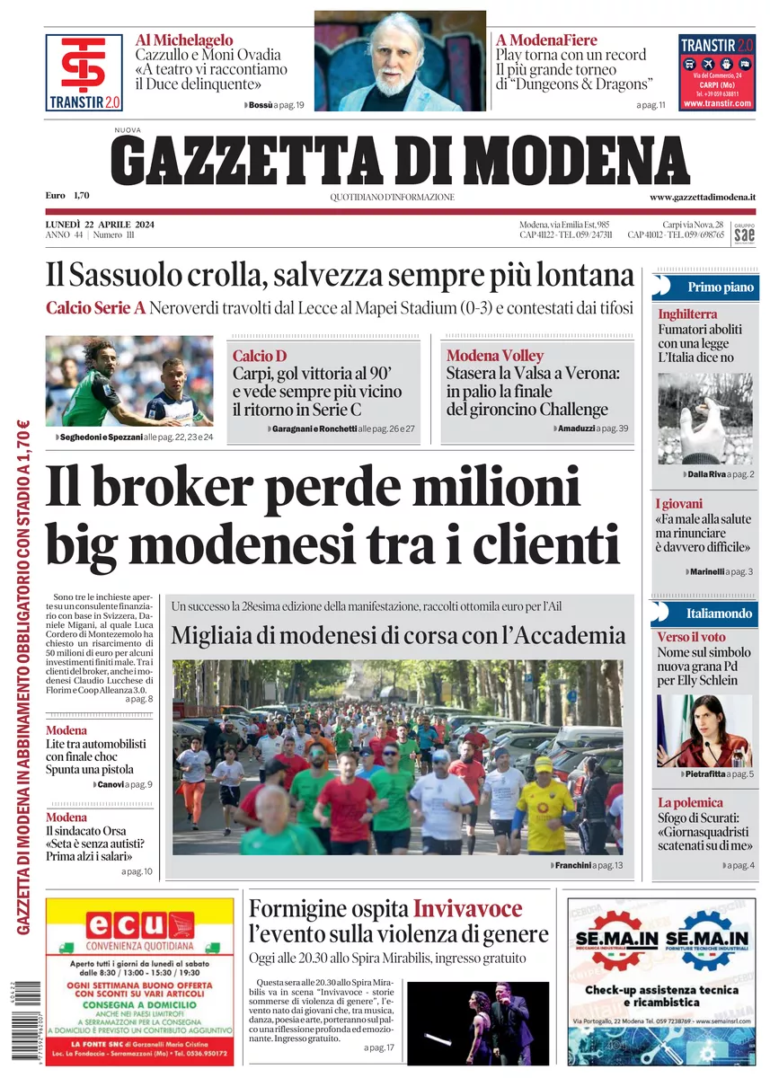 Prima-pagina-gazzetta di modena-oggi-edizione-del-2024-04-22